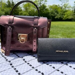 Michael Kors Manhattan Studded Satchel – Metallic Plum + Wallet
